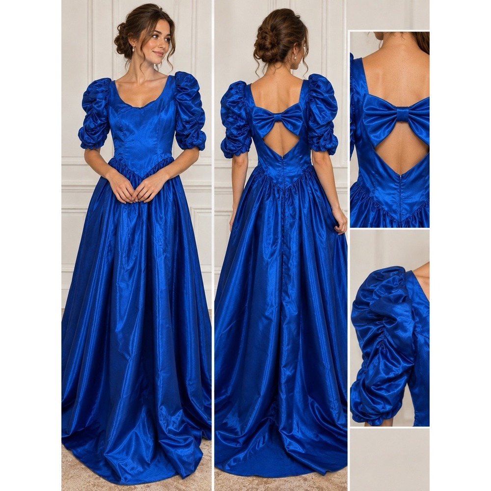 Vintage 80s Royal Blue Satin Formal Prom Dress Puff Sleeve Bow Size 7/8